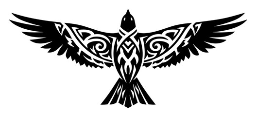 Obraz premium Flying Raven with Celtic Knotwork Wings Vector Tribal Tattoo Illustration for Nordic Viking and Falcon Mascot Design
