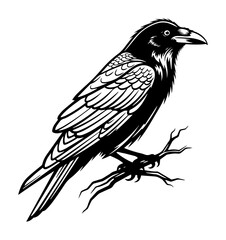Obraz premium Black Crow Raven Perched on Tree Branch Vector Line Art Illustration for Gothic Halloween and Wildlife Nature Design