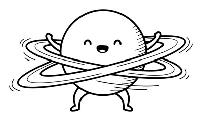 Cute Cartoon Saturn Planet Hula Hooping with Planetary Rings Vector Line Art Illustration for Kids Coloring Page and Space Design © Luka