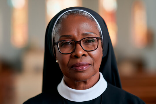 Portrait of a black african catholic nun in church background