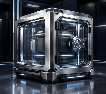 Advanced secure storage pod made from brushed titanium and transparent armor in a dark technical environment