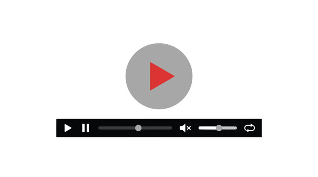 Vector audio player interface icons and media control elements, featuring play, pause and volume bar flat design