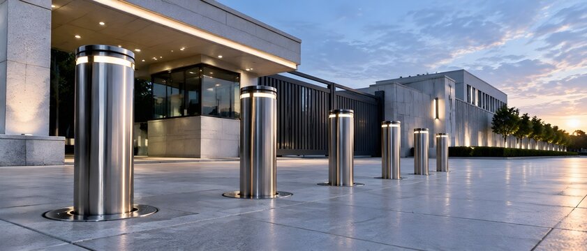 Anti-ram security bollards built into a pristine stone entrance plaza before a hardened facility
