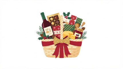 Fototapeta premium A gift basket contains wine, cheese, cookies, and festive decorations for the Christmas holiday. It is arranged for celebration during winter.