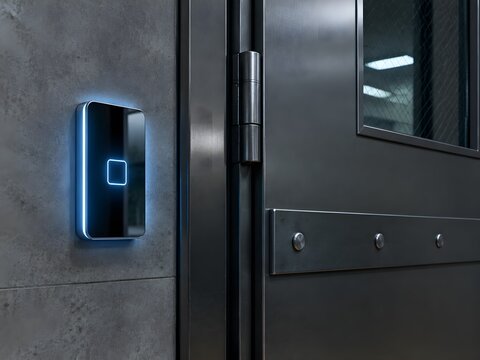 Biometric scanner represented by an unmarked illuminated glass sensor beside a reinforced steel door