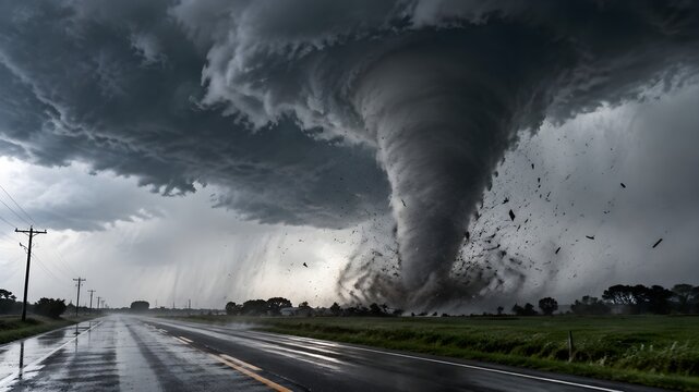 Powerful tornado swirling above open countryside under a huge thunderhead at dusk