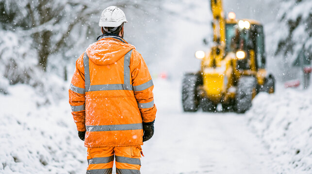 A worker in orange high visibility uniform and safety helmet looks at an excavator cleaning a snowy road during a winter blizzard. Utility service cleaning streets close up