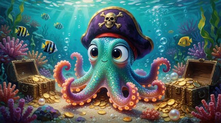 Fototapeta premium Cute cartoon octopus wearing pirate hat guards gold treasure chests under sea. Colorful cephalopod sits among coins, pearls on ocean floor. Underwater scene with tropical fish, coral reefs, sunken
