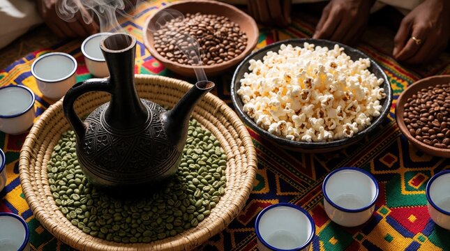 Eritrean coffee ceremony includes green beans jebena pot popcorn and roasted coffee beans. People prepare traditional hot beverage ritual and share snacks.