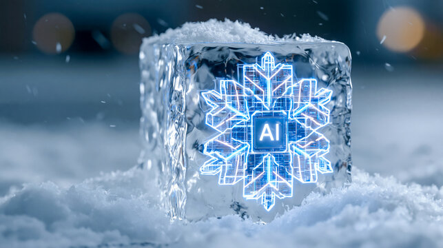 A transparent ice cube sitting on fresh snow with a glowing blue digital microchip snowflake inside featuring AI letters on a blurred background