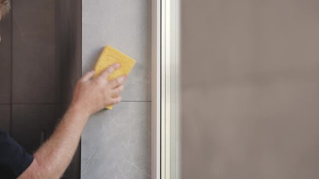 Close up of a worker's hand using a yellow sponge to wipe excess grout from newly installed grey ceramic tiles. Professional tiler finishing a bathroom renovation or construction project