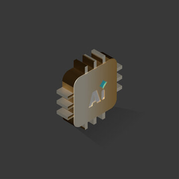 Isometric 3D AI Microchip Icon on Dark Background, Gold and Silver Artificial Intelligence Processor Design
