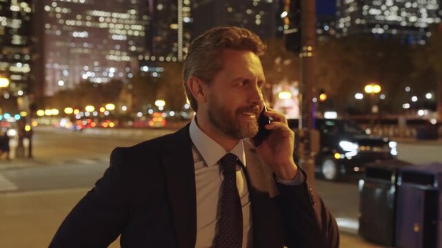Man walk and talk on phone. Mature business man with smartphone. Business communication. Man reply late call. Successful businessman talking on phone outdoor. Businessman using phone