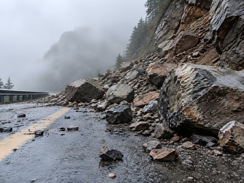 Boulder strewn mountain highway with fresh rockfall damage under foggy weather