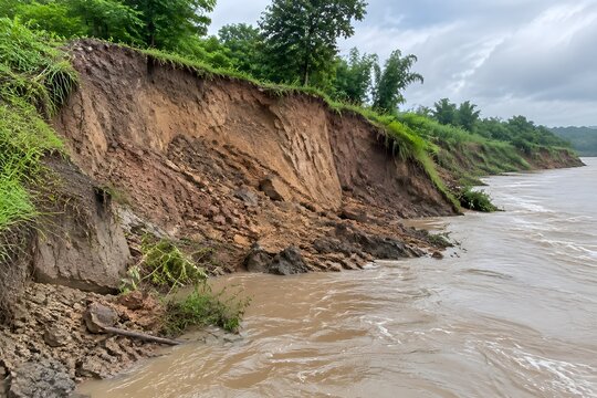 Collapsed riverbank showing freshly exposed earth and muddy water after soil failure