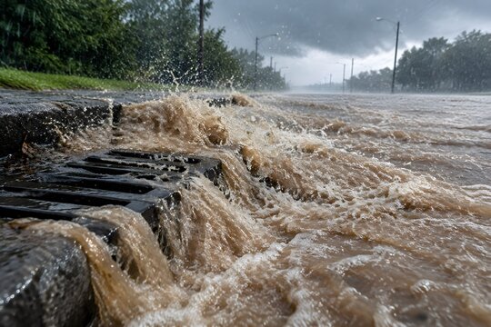 Storm drain overflow erupting with muddy rainwater across an empty street during flash flooding