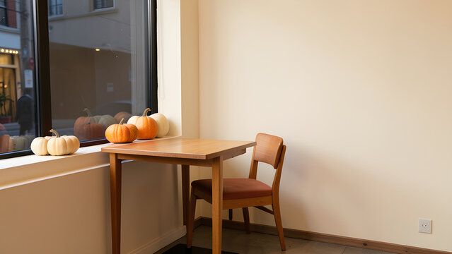 Quiet cafe corner with a modest pumpkin display