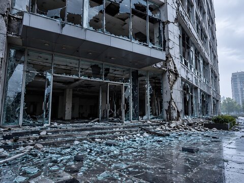 Shattered windows and cracked facade on an abandoned office building after seismic shaking