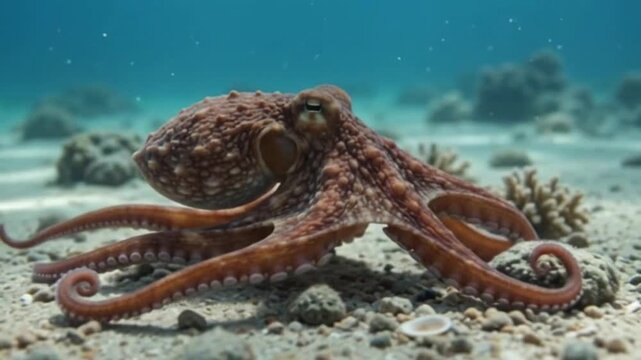 An Octopus on Sandy Seabed: A solitary octopus with its eight coiled tentacles rests on a sandy seabed, surrounded by scattered coral and shells, in the clear blue ocean.