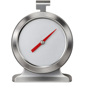 Oven thermometer with stainless housing and blank dial face without readable markings isolated on transparent background