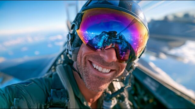 Smiling fighter jet pilot wearing a helmet with reflective visor inside an aircraft cockpit, with mountains and clouds visible during flight