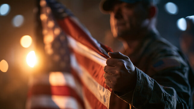 Military Soldier Holding American Flag with Honor
