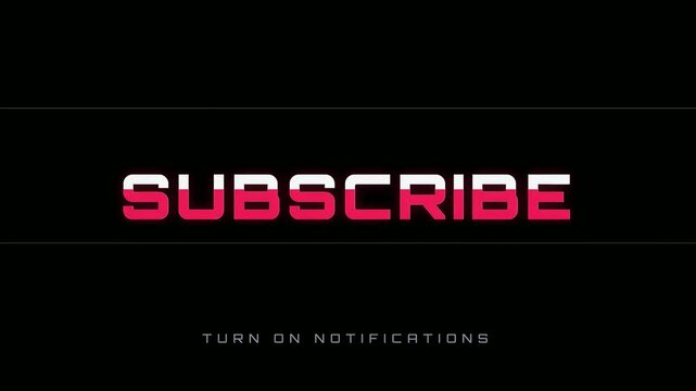 Glitch effect subscribe button animation with turn on notifications text on black background