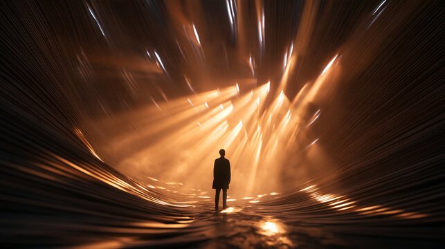 Silhouette of Person Standing Before Radiant Light Tunnel