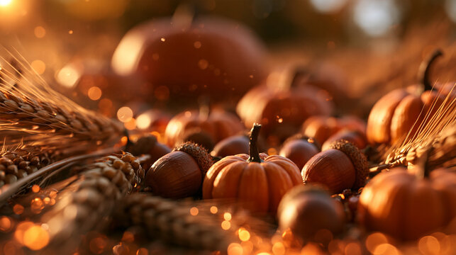 Miniature Pumpkins and Acorns with Wheat for Autumn Harvest