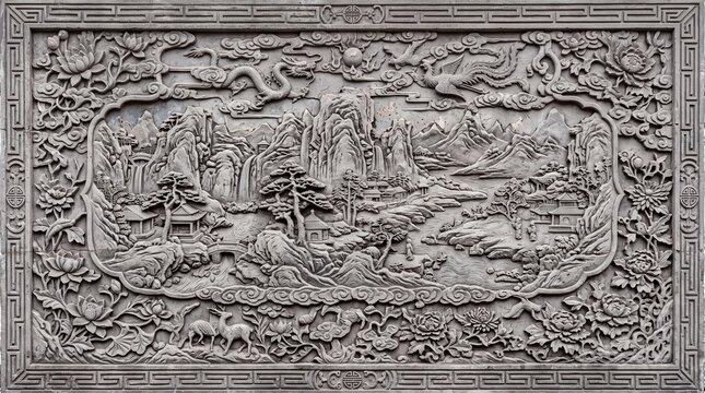 Traditional Chinese Stone Relief Carving of Mountain Landscape and Dragon