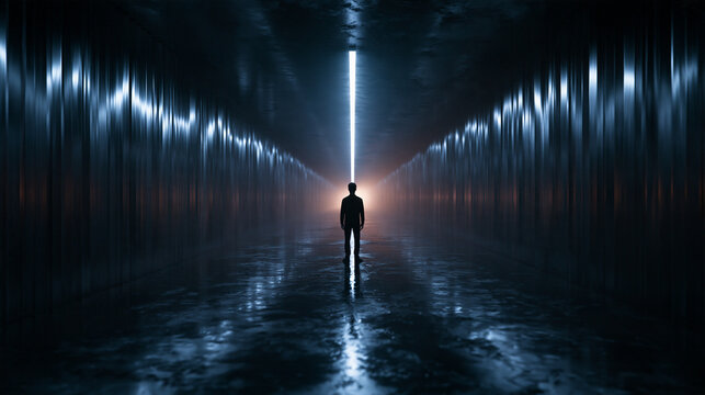 Silhouette in Dark Tunnel Facing Bright Vertical Light