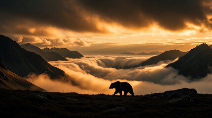 Fototapeta premium Grizzly bear walks on mountain ridge above clouds at sunset. Majestic wild animal in golden light with dramatic sky and peaks. Solitary creature in natural habitat.