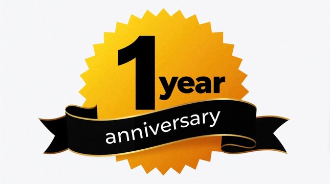 Golden starburst badge with black ribbon marks first year anniversary milestone. Shiny yellow seal shows one year celebration event. Graphic icon for business success, company birthday, wedding