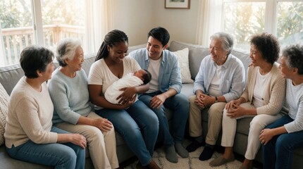 Fototapeta premium Diverse family gathers on couch supporting new mother and tiny baby. Generations share joy, love, and advice in comfortable home setting. Elderly women smile warmly at infant.