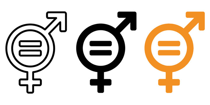 Gender equality symbol showing male and female icons with equal sign in black and orange.