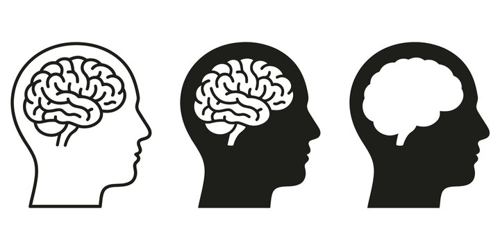 Profile silhouettes of heads with detailed brains, symbolizing thought and intellect.