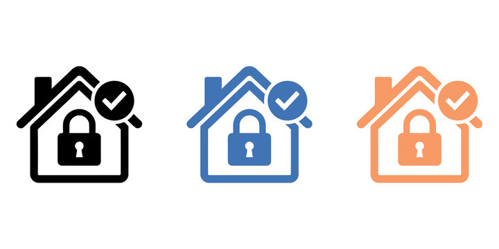 Secure home icons in black, blue and orange showing locked house with checkmark.