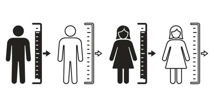 Progression of male and female figures being measured by rulers, illustrating growth and measurement over time.