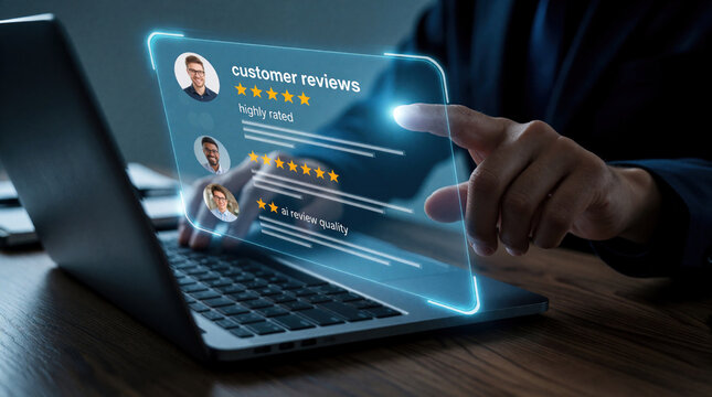 Businessman uses laptop with digital customer reviews interface. Glowing holographic screen shows star ratings, client feedback. Man interacts with AI review quality analysis for business reputation