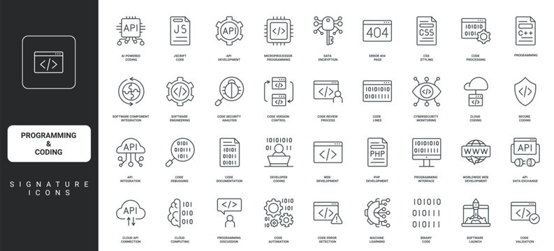 Develop web interface, cybersecurity and data encryption thin black outline symbol vector illustration. Programming and coding, program code and software, application development line icon set.