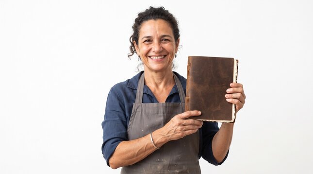 A smiling woman holding an old, leather-bound book. She is wearing an apron and looking at the camera with a friendly expression