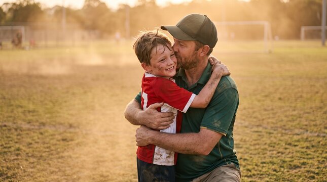 Father kisses his muddy son after a soccer game on a dusty field at sunset