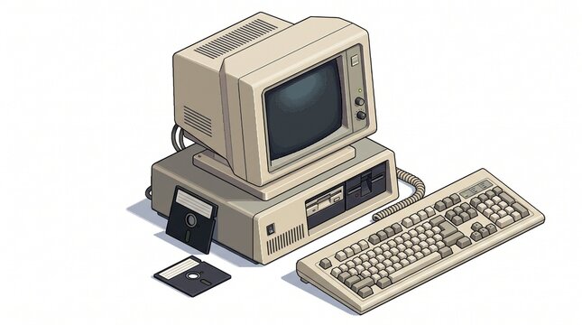 An old desktop computer with a monitor, keyboard, and floppy disk drive sits on a white surface