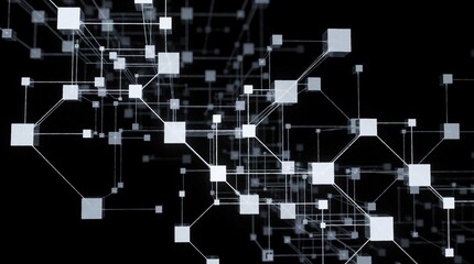 Obraz premium Digital network structure with glowing white squares connected by thin lines on black. Abstract geometric pattern represents data flow and communication in cyberspace.