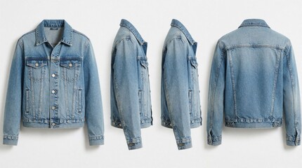 Obraz premium Blue denim jacket shown from four different angles on white background. Front, back, side, profile views of classic cotton outerwear. Casual blue jean garment with metal buttons, pockets for fashion
