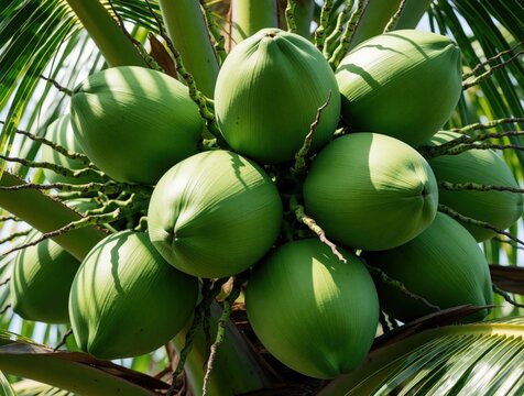 Cluster of unripe green coconuts grow on palm tree branch. Healthy tropical fruits hang in bunch, ready for harvest, offering refreshing drink.