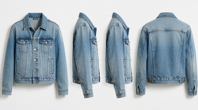 Blue denim jacket shown from four different angles on white background. Front, back, side, profile views of classic cotton outerwear. Casual blue jean garment with metal buttons, pockets for fashion