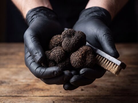 Gloved hands cradling black truffles beside a small brush, warty skin dusted with soil