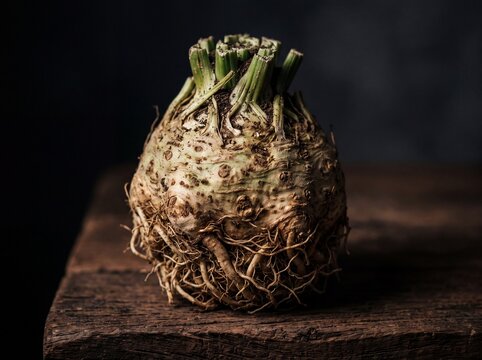 A single celeriac, a gnarled root ball with a tangle of rootlets and soil in every crevice