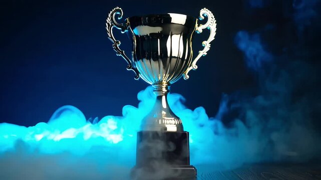 Winner trophy cup standing on dark surface surrounded by bright blue smoke